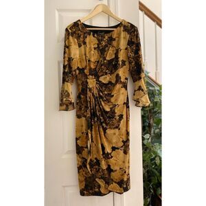 Connected Apparel Brown Gold Floral autumn Dress 8 Ruched Waist Bell Sleeve Midi